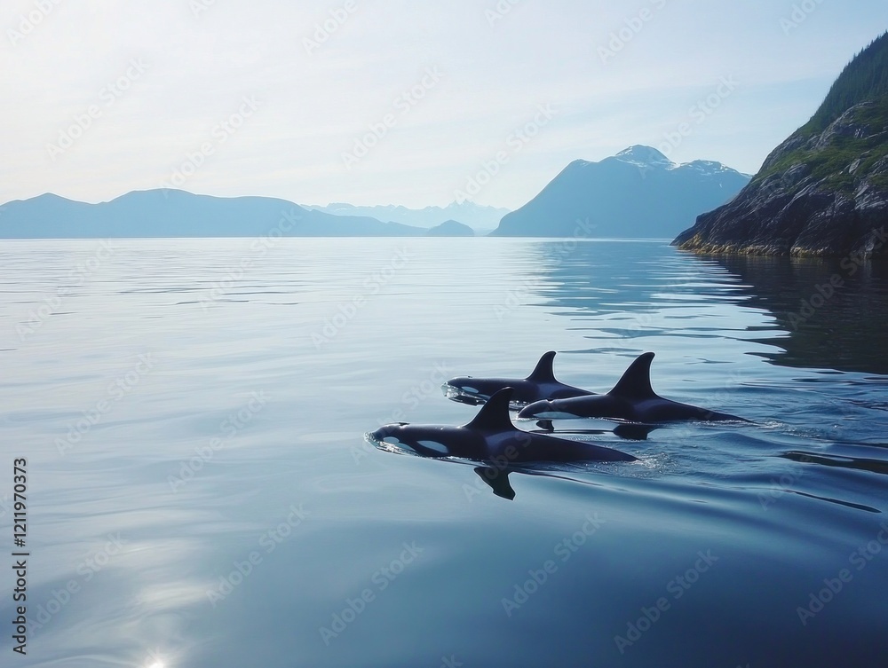 Fototapeta premium Calm Waters with Three Orcas Swimming Near Rocky Shoreline