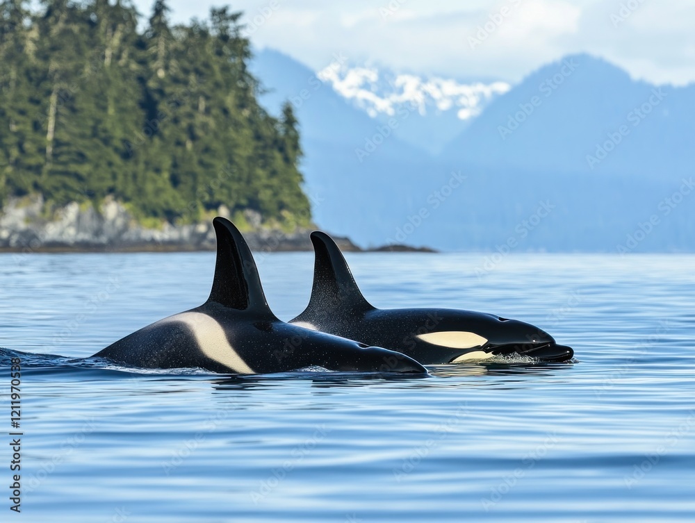 Obraz premium Majestic Orcas Swimming in Tranquil Waters with Mountain Background