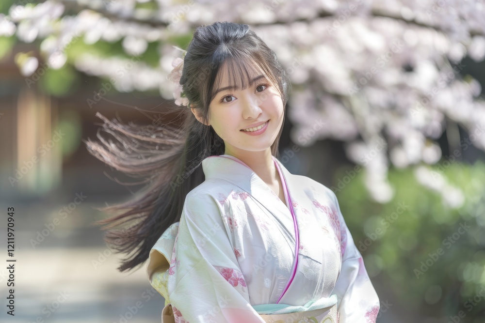 A young woman smiles, wearing a light kimono adorned with cherry blossoms, her hair flowing in the gentle breeze. A young woman smiles, wearing a light kimono adorned with cherry blossoms, her hair flowing in the gentle breeze.