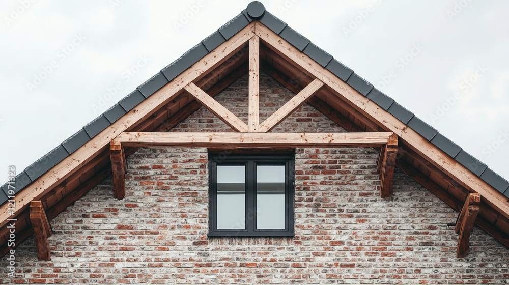 Stylish brick house with wooden truss structure and large window against a cloudy sky background Stylish brick house with wooden truss structure and large window against a cloudy sky background