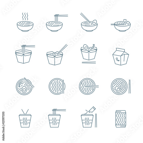 Noodle Japanese Food Sign Black Thin Line Icon Set. Vector illustration of Instant Noodles in Box and Asian Ramen Soup Icons