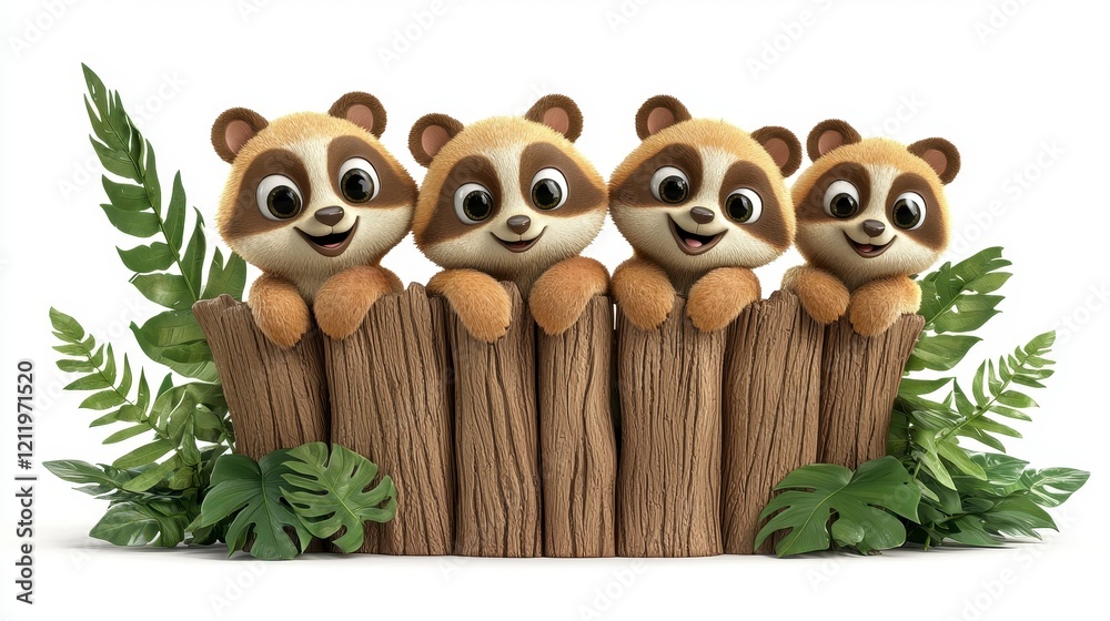 Fototapeta premium Four cheerful cartoon panda characters peeking over a wooden fence amidst vibrant green foliage in a playful and whimsical scene