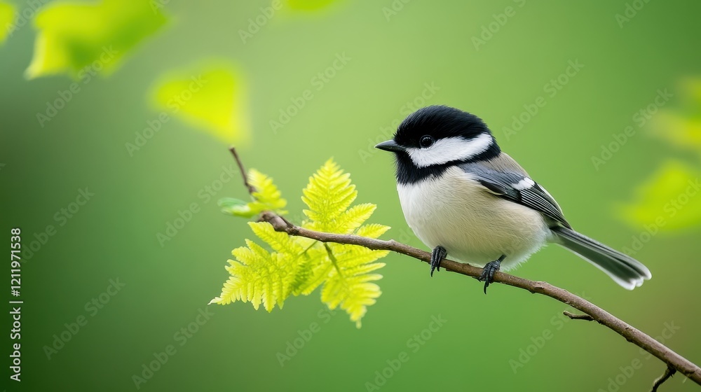 Obraz premium Adorable small bird perched on a branch surrounded by fresh green leaves in a serene woodland setting