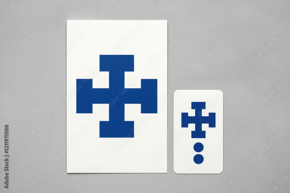 Obraz premium A simple geometric cross design printed on two cards of different sizes.