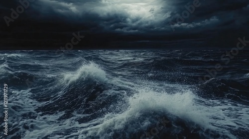 Stormy ocean waves crashing under dark clouds and turbulent skies creating a dramatic and powerful seascape atmosphere.