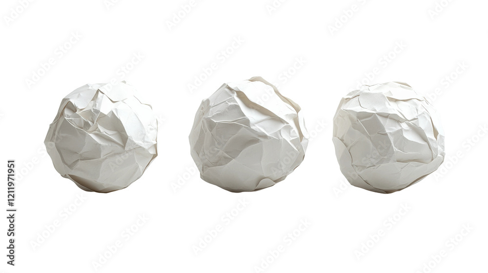 Crumpled paper balls arranged in a row isolated on transparent background Crumpled paper balls arranged in a row isolated on transparent background