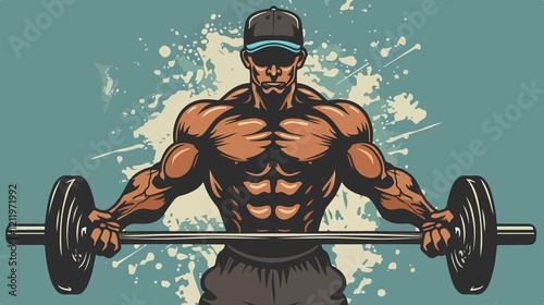 Strong Man Lifting Barbell Flat Vector Illustration