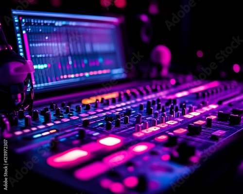 Illuminated music production console and computer.