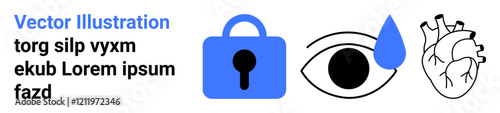Blue lock, eye with tear, and heart icons symbolize security, privacy, protection, emotion, and health. Ideal for cybersecurity, healthcare, privacy policies, emotional well-being, secure