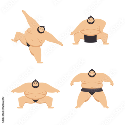 Cartoon Color Characters Funny Sumo Wrestler Set Traditional Sport Concept Flat Design Style. Vector illustration of Japanese Fighter