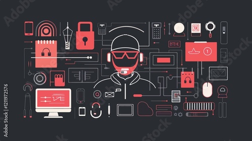 Professional Hacker and Cyber Security Flat Vector Illustration