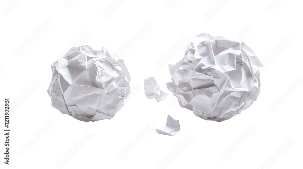 Crumpled paper balls on a clean surface representing wasted ideas and discarded drafts isolated on transparent background Crumpled paper balls on a clean surface representing wasted ideas and discarded drafts isolated on transparent background