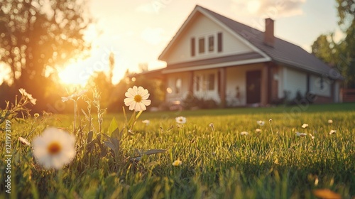 Sunset view of suburban home, flowers in foreground, peaceful evening