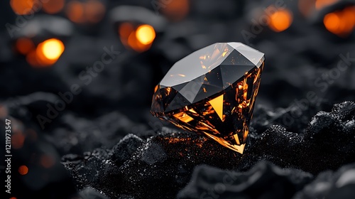 Glowing amber diamond rests on coal; mining, treasure, luxury