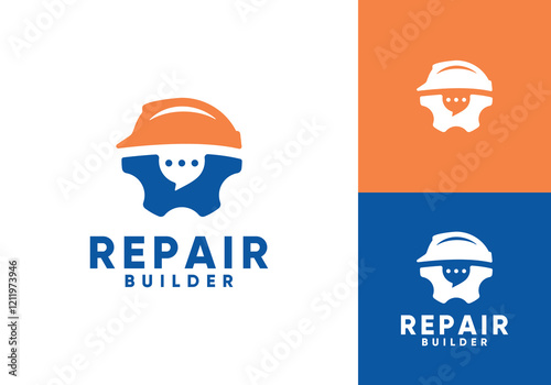 helmet with gear logo. online chat talk construction builder vector design graphic