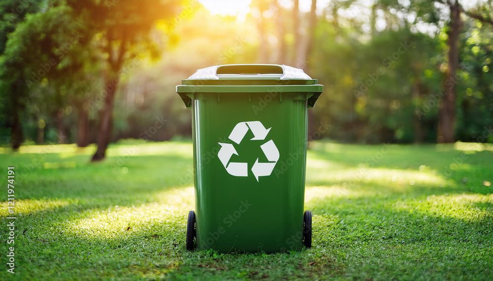 Green trash can in park. Garbage container with recycle logo. Environment and pollution concept Green trash can in park. Garbage container with recycle logo. Environment and pollution concept