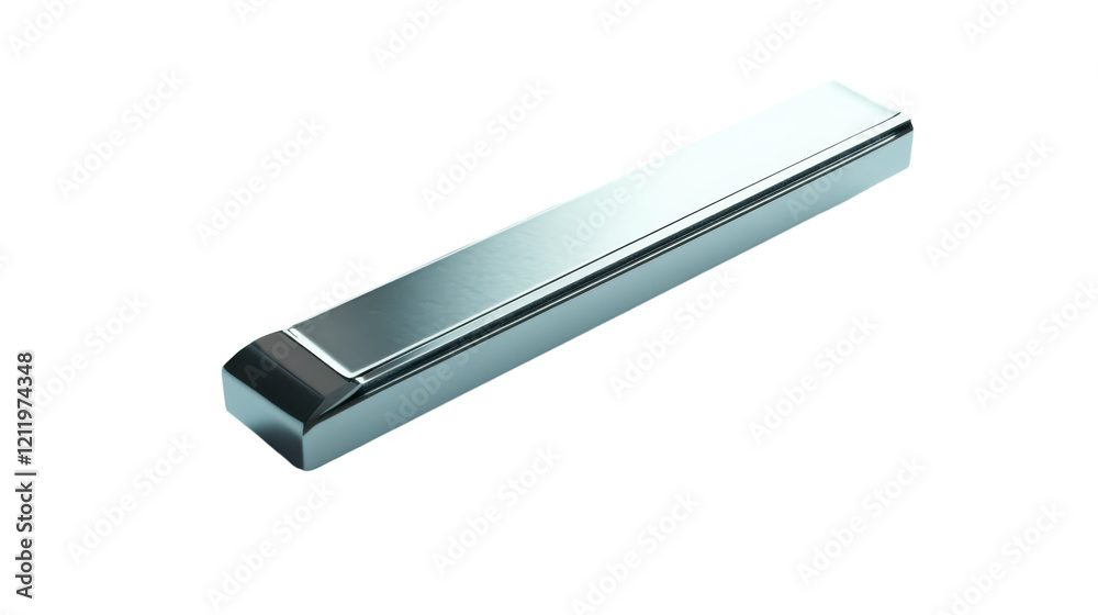 Sleek metallic bar rests on a minimalist white surface, capturing light in a serene ambiance Sleek metallic bar rests on a minimalist white surface, capturing light in a serene ambiance