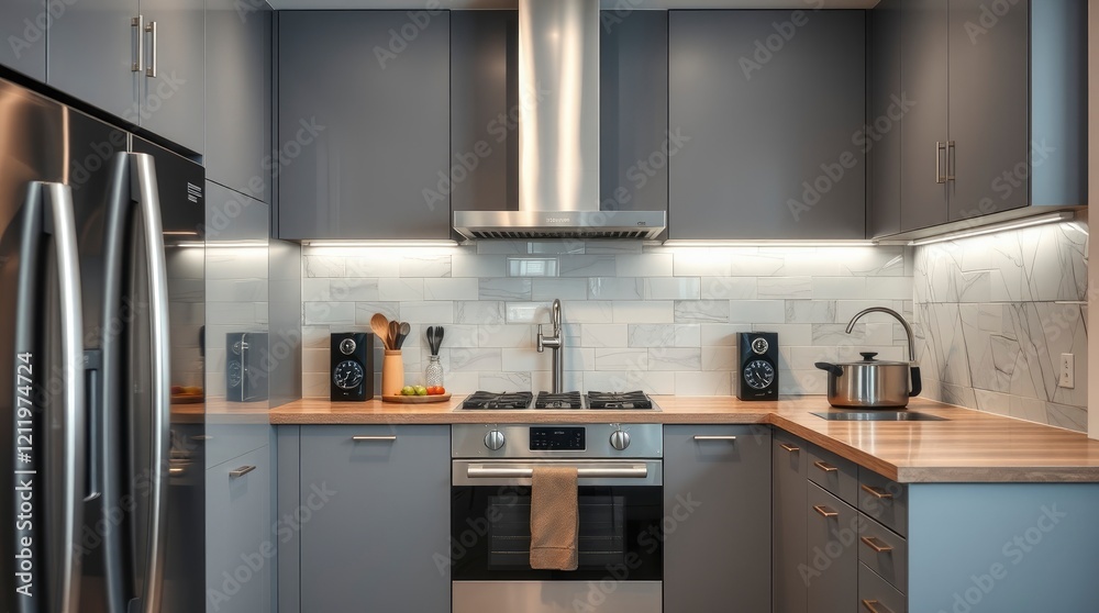 Modern Gray Kitchen: Sleek Stainless Steel Appliances and Warm Wood Accents Modern Gray Kitchen: Sleek Stainless Steel Appliances and Warm Wood Accents