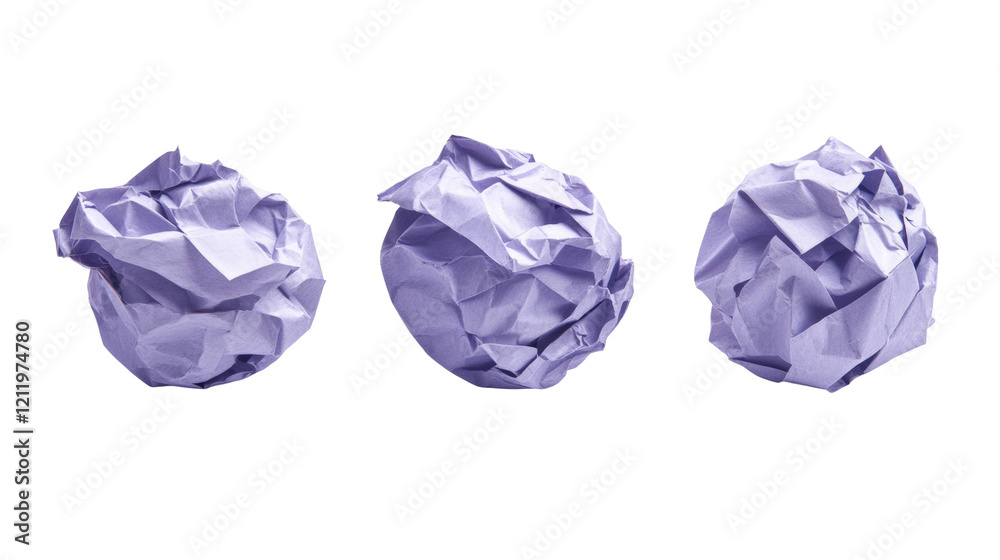 Crumpled purple paper balls arranged in a line isolated on transparent background Crumpled purple paper balls arranged in a line isolated on transparent background