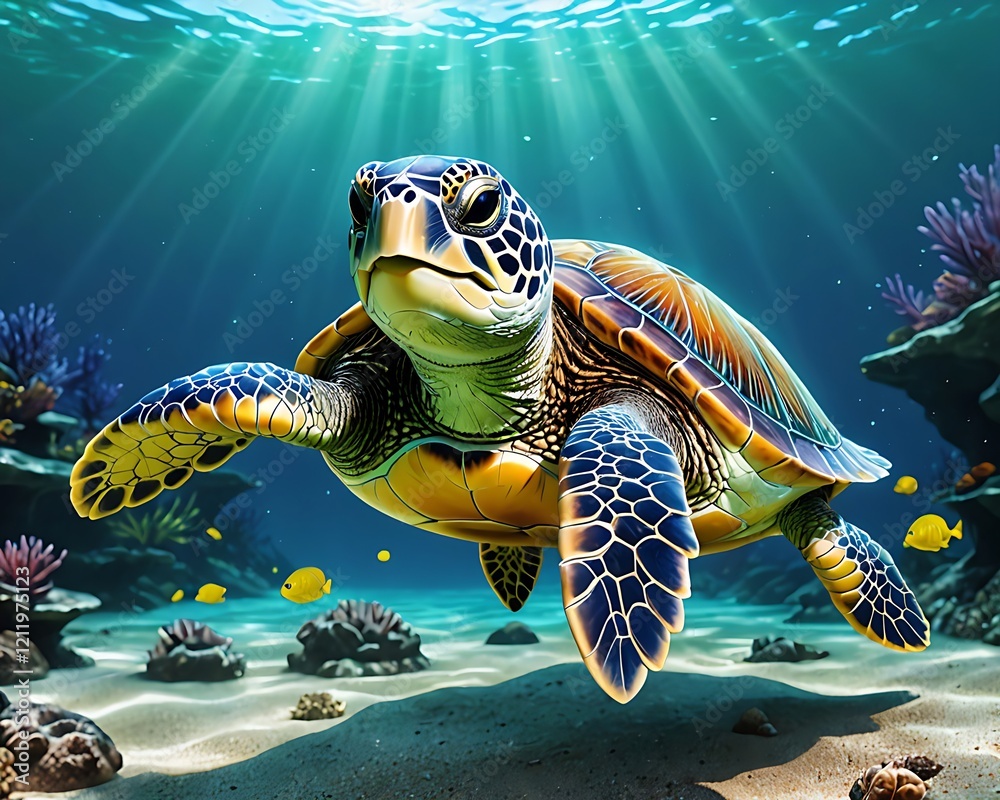 Fototapeta premium Colorful sea turtle swimming gracefully underwater with sun rays illuminating the scene
