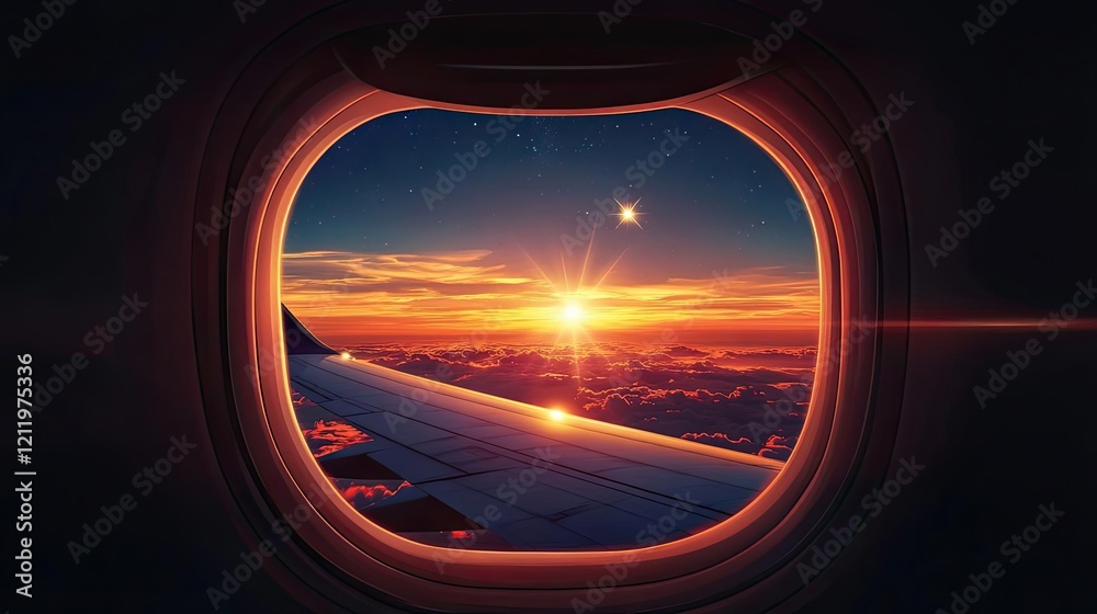 A magical composition of a sunset through a plane window, with glowing hues reflecting on the wing and a lone star appearing in the twilight sky A magical composition of a sunset through a plane window, with glowing hues reflecting on the wing and a lone star appearing in the twilight sky