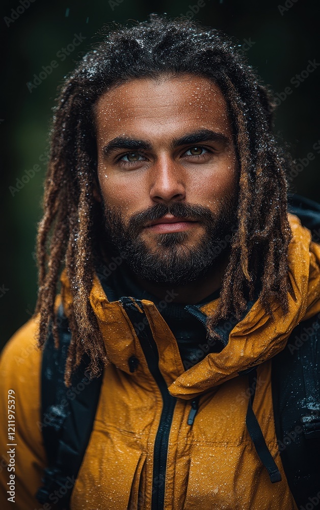 A young man with dreadlocks wears a bright yellow jacket, standing confidently amidst a lush forest. Light rain falls, enhancing the serene atmosphere of the natural surroundings A young man with dreadlocks wears a bright yellow jacket, standing confidently amidst a lush forest. Light rain falls, enhancing the serene atmosphere of the natural surroundings