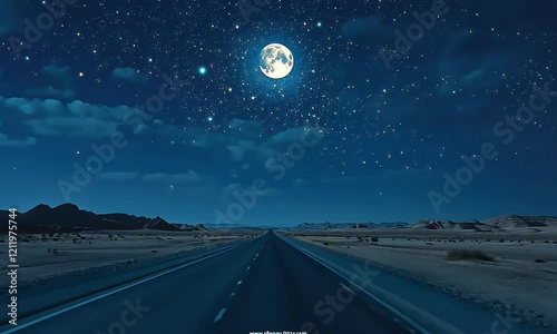 Vast open road under a full moon illuminating a starry sky with scattered clouds in a serene desert landscape at night creating a tranquil and peaceful atmosphere for nighttime travel