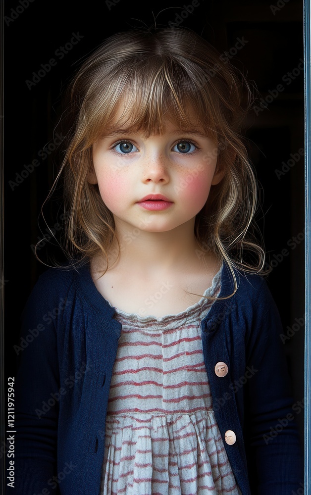 Fototapeta premium A little girl with long, light hair and big blue eyes stands quietly at the doorway, gazing intently as the sunlight softly illuminates her face and surroundings