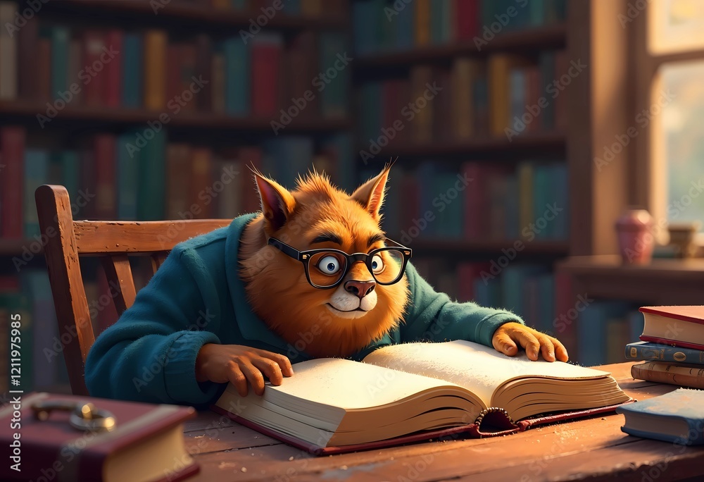 Curious Feline Scholar Absorbed in a Magical Book Within a Cozy Library Setting Curious Feline Scholar Absorbed in a Magical Book Within a Cozy Library Setting