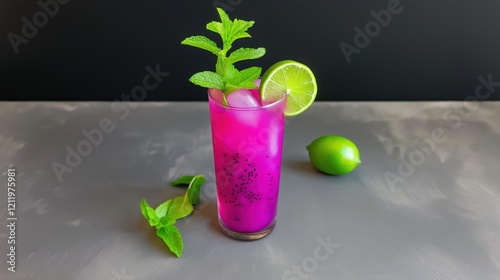 Glass of dragon fruit mojito, a bright pink liquid with lime and mint garnish photo