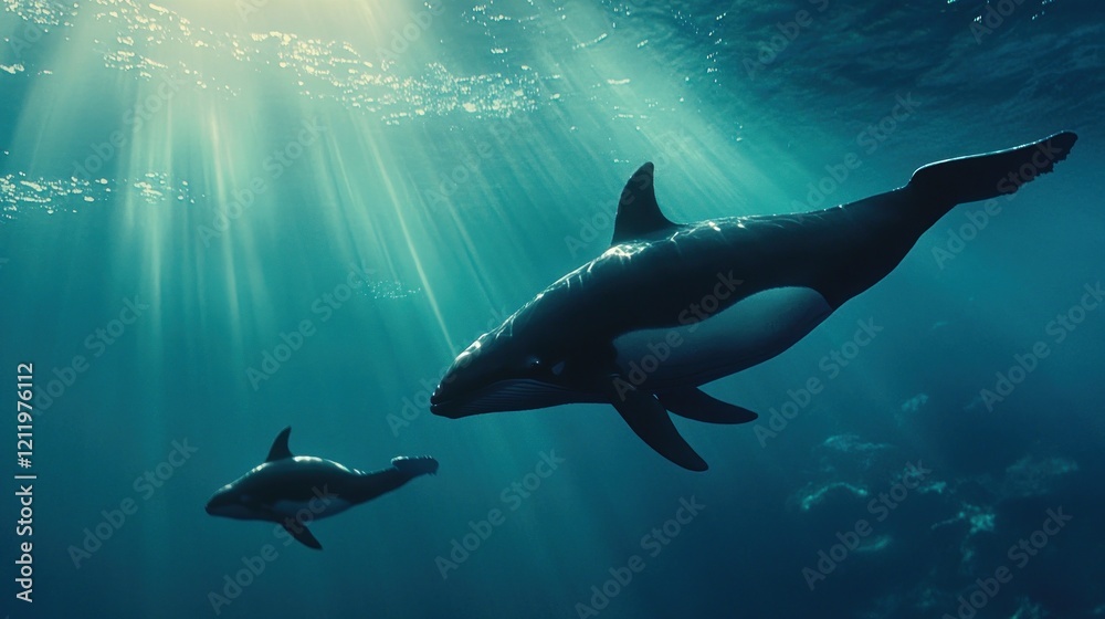Obraz premium Graceful Orcas Swimming in Sunlit Ocean Depths