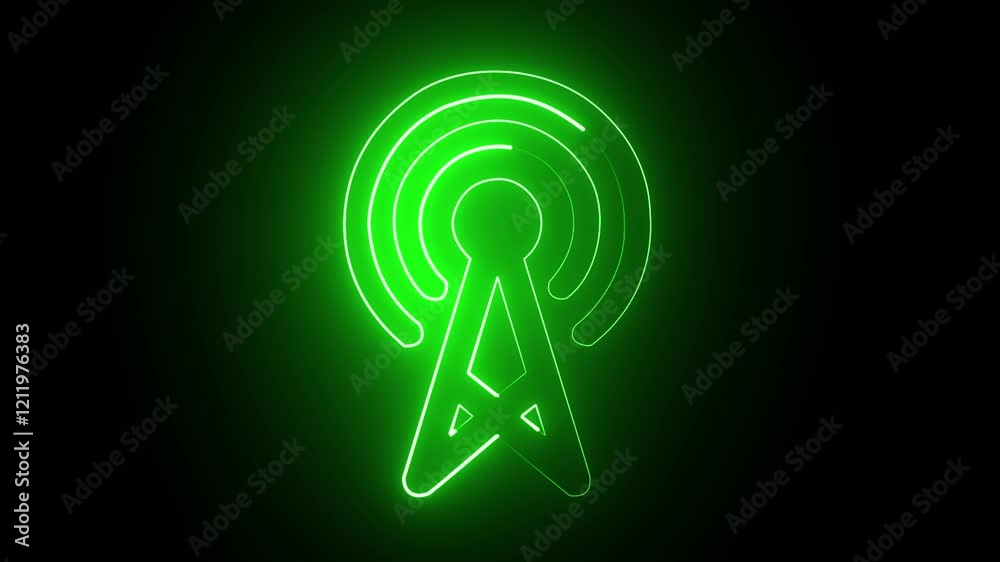 wireless neon tower with radio waves icon animation on black background in grteen color. 4k motion graphics animation. wireless neon tower with radio waves icon animation on black background in grteen color. 4k motion graphics animation.