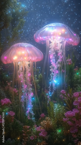 vibrant jellyfish glowing in soft bioluminescent hues of blue and pink