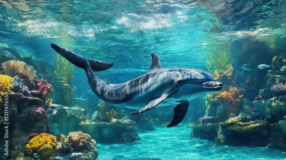 Fototapeta premium Dolphin Swimming Gracefully Underwater Among Colorful Coral Reefs