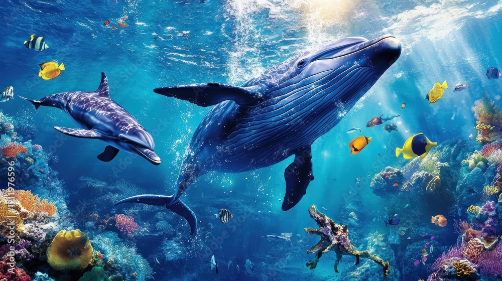 Fototapeta premium Majestic Humpback Whale Swimming Among Colorful Ocean Life