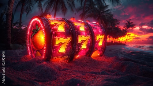 Vibrant Neon Slot Machine on Tropical Beach at Sunset