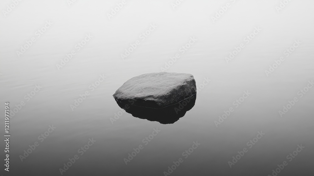 Tranquil Reflection of a Stone in Calm Water with Gentle Monochrome Tones and Subtle Harmony Tranquil Reflection of a Stone in Calm Water with Gentle Monochrome Tones and Subtle Harmony