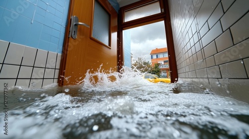 Water flooding into a tiled bathroom through an open door during a heavy storm or urban flood. photo