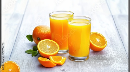 Orange juice glasses surrounded by orange slices on a white background photo