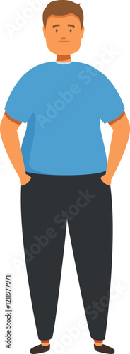 Cartoon illustration of a confident plus size man standing with his hands in pockets, promoting body positivity and self acceptance