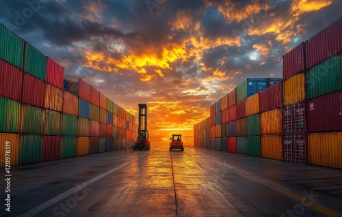 Wallpaper Mural Industrial Landscape with Shipping Containers and Forklift at Sunset, Showcasing Vibrant Colors and Dramatic Sky in a Busy Freight Yard Torontodigital.ca