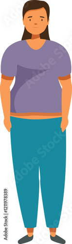 Overweight woman is standing with her hands in pockets, expressing sadness and concern about her weight, highlighting issues of obesity and body image photo