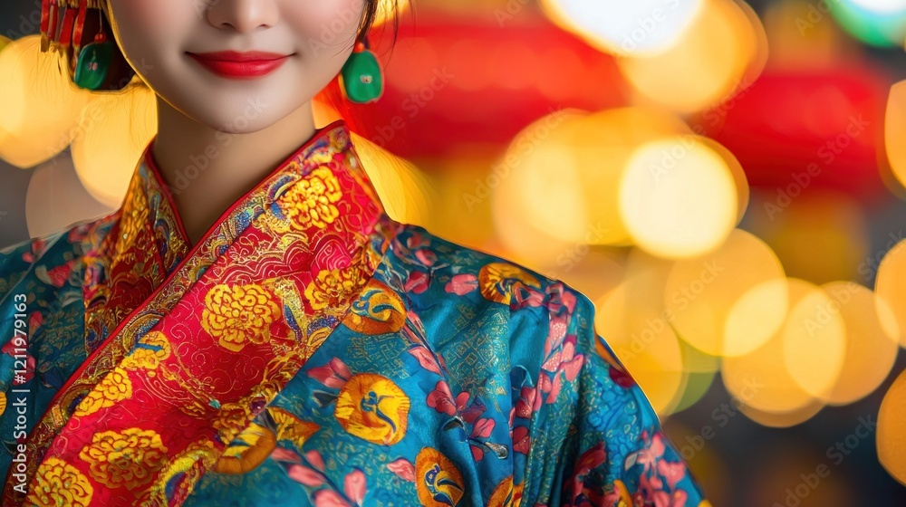 Elegant woman in traditional attire with vibrant colors and bokeh lights Elegant woman in traditional attire with vibrant colors and bokeh lights
