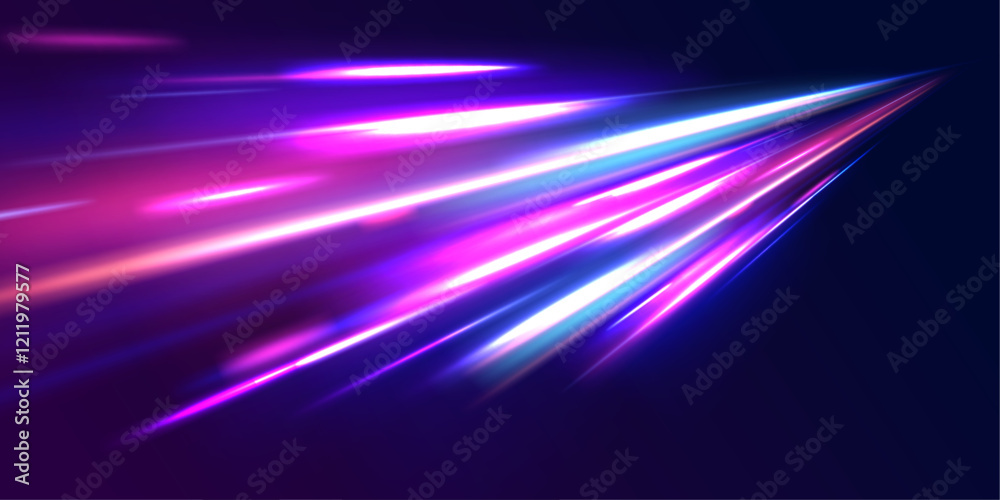 Abstract neon light motorway background. Light arc in neon colors, in the form of a turn. Magic bright shine glow of energy lines, shiny swirl power waves flow, electric trail glowing 