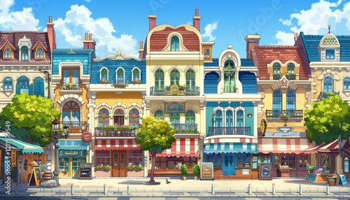 A picturesque street lined with charming, colorful buildings, featuring balconies, awnings, and storefronts, set against a sunny, blue sky.