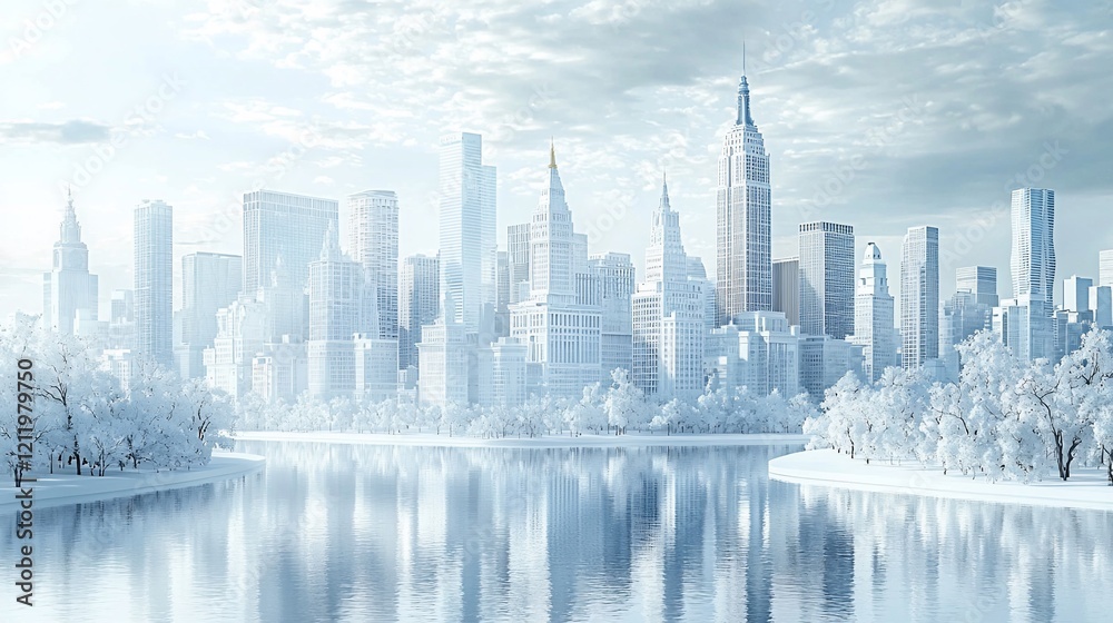 Fototapeta premium Snowy cityscape reflected in a frozen lake.