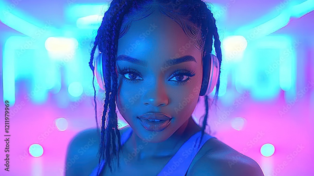 Fototapeta premium Neon Nights: A Portrait of a Young Woman in Vibrant Light