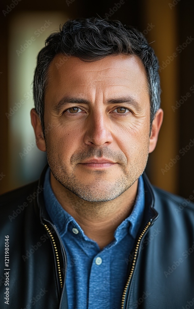 Obraz premium A man with short black hair and a slight stubble gazes directly at the viewer. He wears a blue shirt under a black leather jacket, illuminated by soft indoor light