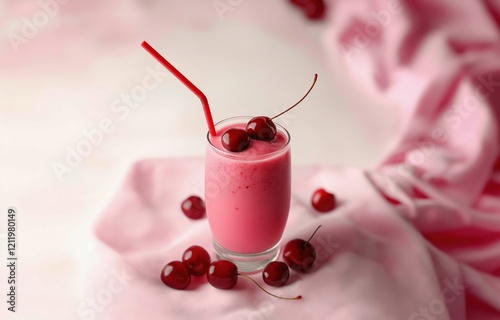 Cherry smoothie in a glass with cherries on top photo