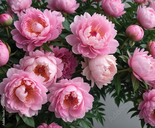 Beautiful pink peonies and roses in full bloom with empty space, feminine, petal